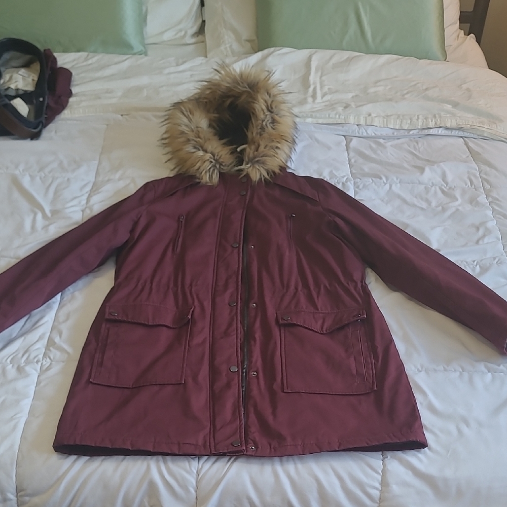 Long Tall Sally Maroon Ski Jacket with Faux Fur Hood
